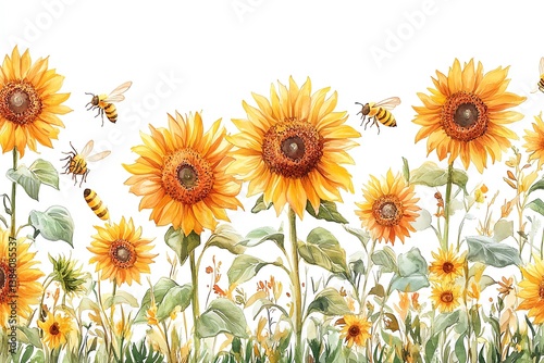 Vibrant watercolor sunflowers and busy bees create a cheerful summer border perfect for invitations, cards, and other designs.