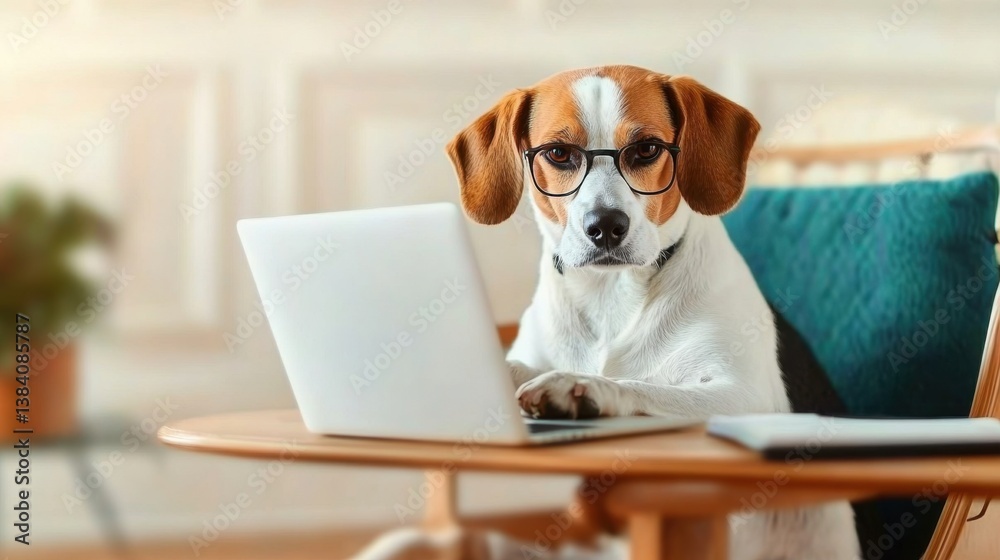 Smart beagle dog working on laptop at home office