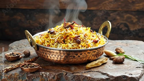 Aromatic biryani served in traditional copper dish with spices on rustic wooden table