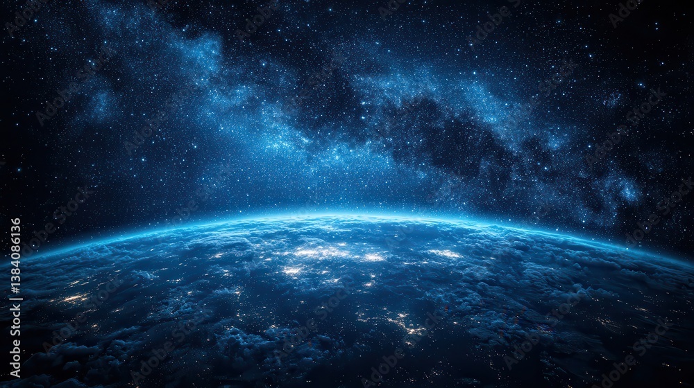 Obraz premium Earth's night view from space, Milky Way backdrop, cosmic scene, ideal for travel/science
