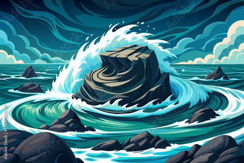 turbulent ocean around a small rocky island with basalt cliffs