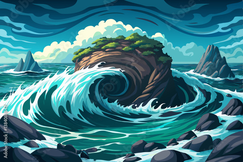turbulent ocean around a small rocky island with basalt cliffs