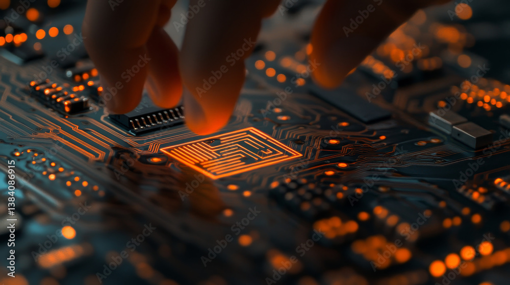 Naklejka premium Generative AI artificial intelligence generate text document and abstract papers. Man touching AI icon on electronic circuit board.
