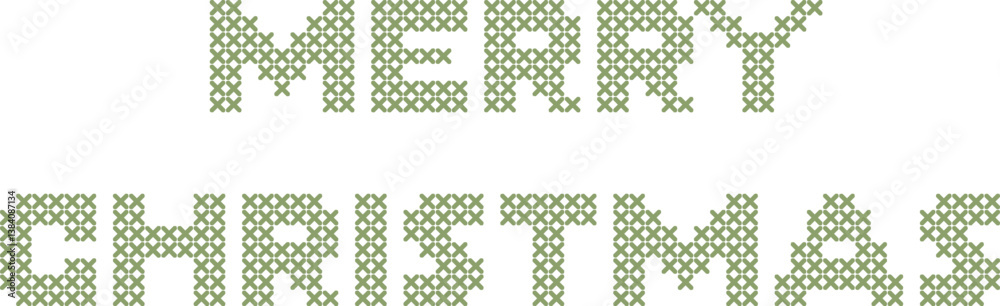 Digital 'MERRY CHRISTMAS' in a pixelated, cross-stitch style, muted green on white. Retro, craft-inspired holiday design, 2026