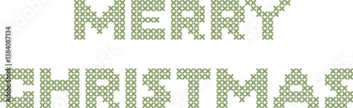 Digital 'MERRY CHRISTMAS' in a pixelated, cross-stitch style, muted green on white. Retro, craft-inspired holiday design, 2026
