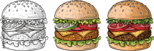 set of coloring illustrations with smash burgers