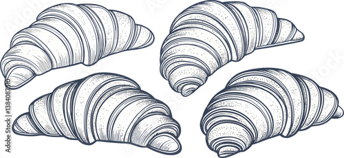 set of line art croissants, vector illustration on white