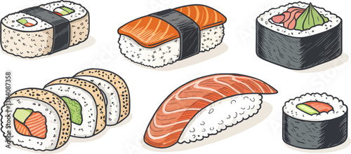set of line art sushi and sashimi on white