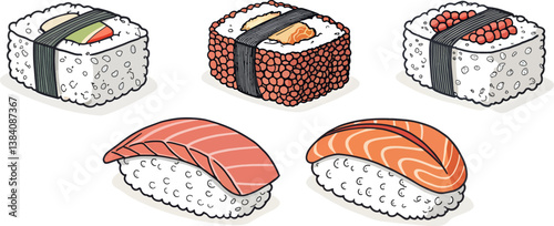 set of line art sushi and sashimi on white