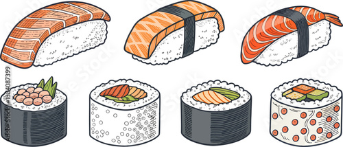 set of line art sushi and sashimi on white