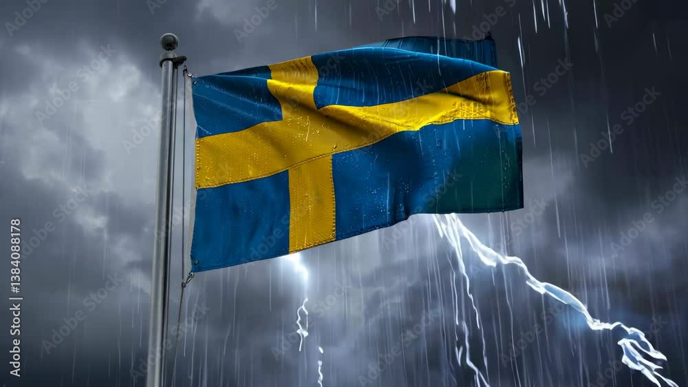 Dramatic swedish flag waving amidst intense thunderstorm with striking lightning in slow motion