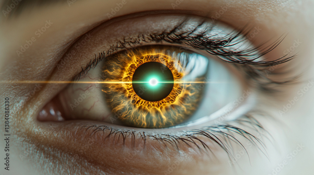 Fototapeta premium Close-up of a female eye with a laser beam aimed at it for vision correction, highlighting pupil and iris, symbolizing advanced medical technology, precision, and futuristic eye care treatment.