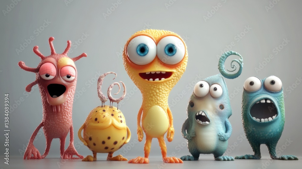Five cute cartoon monsters in a row. Five cute cartoon monsters in a row.