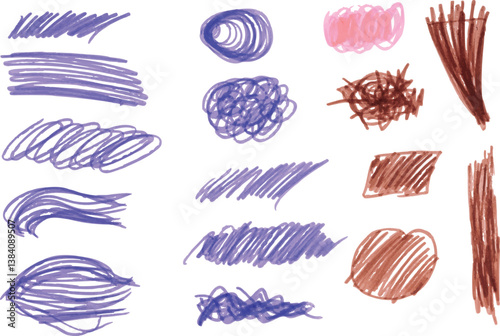 Collection of various purple, brown  marker strokes and scribbles on isolated background.