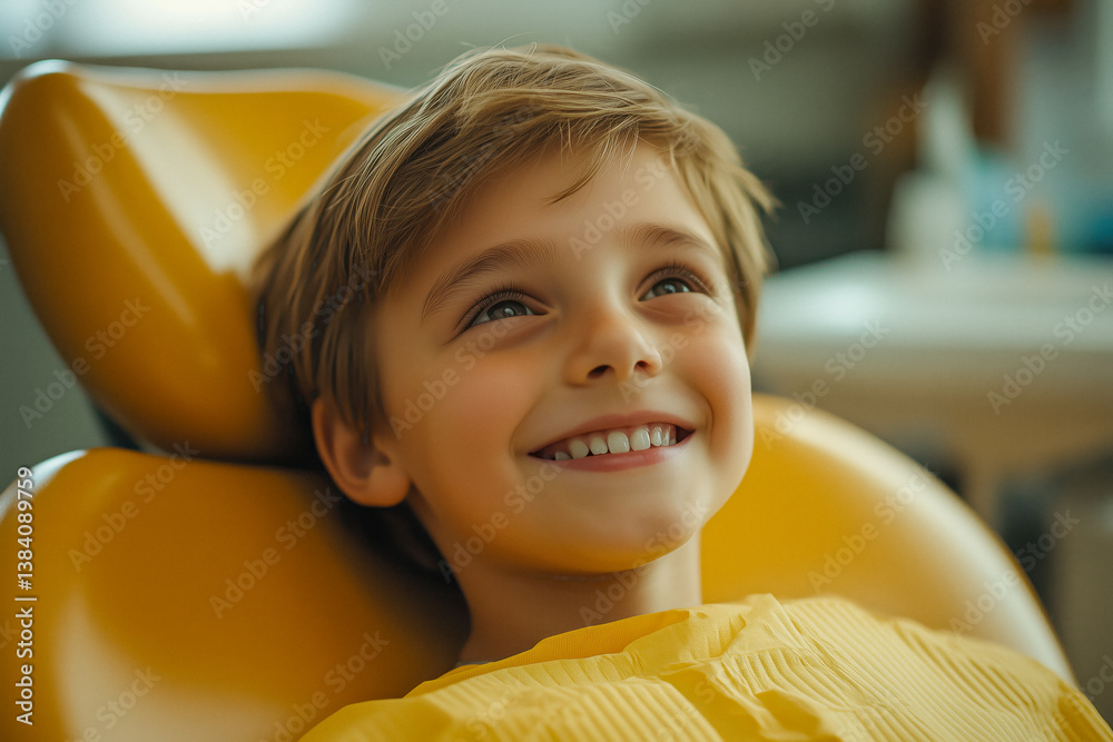 Close-up of a smiling young boy sitting in a yellow dental chair, looking up.