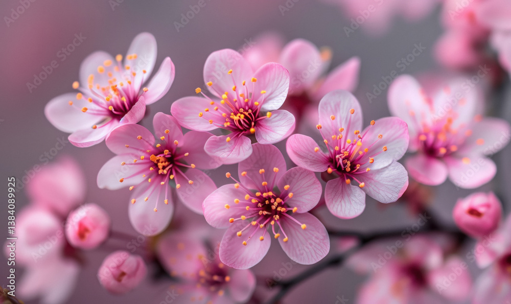A close-up shot of delicate pink cherry blossoms in bloom on a branch.