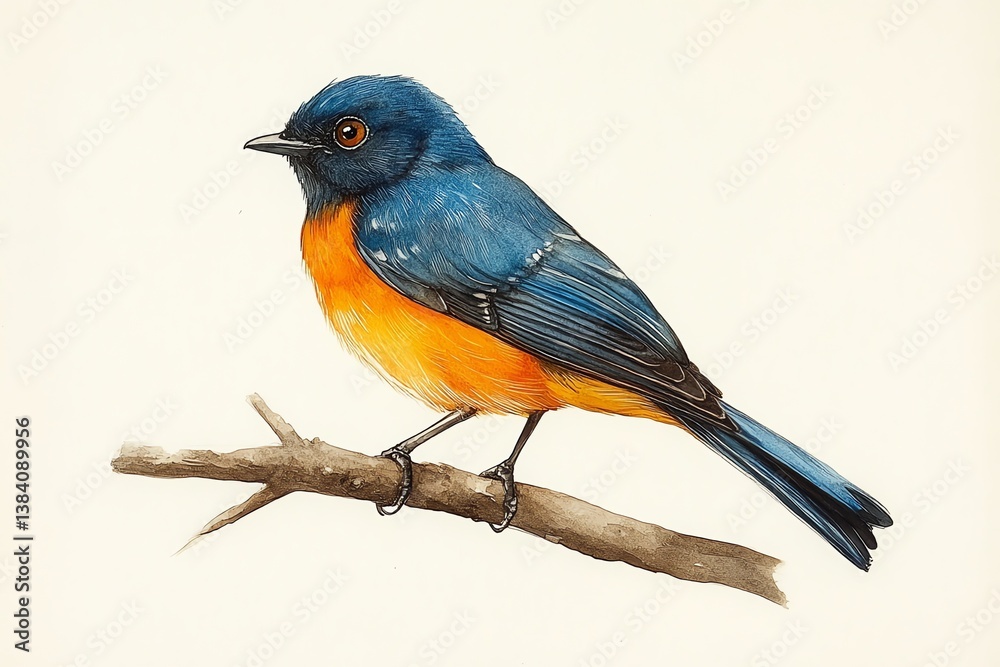 Fototapeta premium Colorful Bird Illustration Perched on Branch Detailed Watercolor Painting