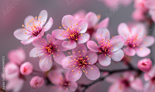 Obraz na płótnie A close-up shot of delicate pink cherry blossoms in bloom on a branch. w salonie