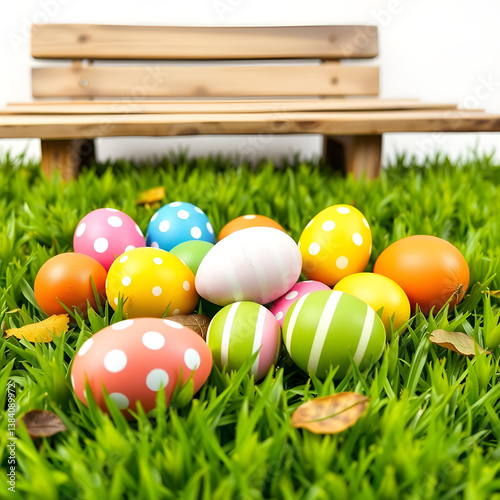 Easter eggs on grass near bench