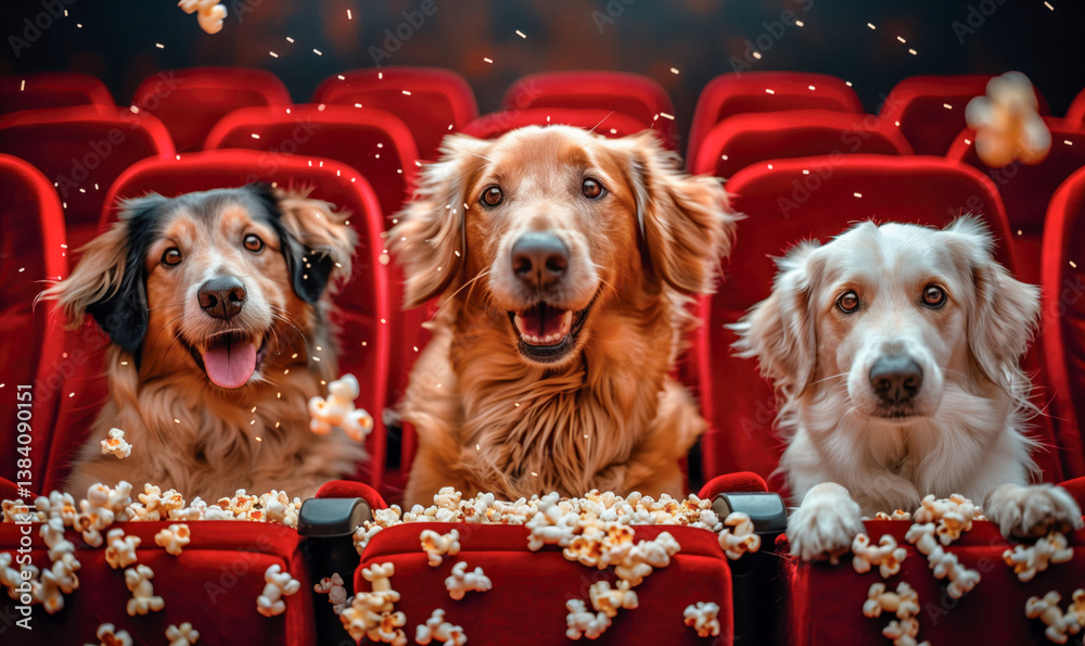 Three dogs of different breeds sitting in red movie theater seats with popcorn scattered around them.