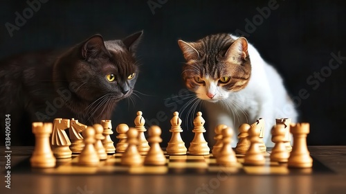 Two cats playing chess on wooden chessboard