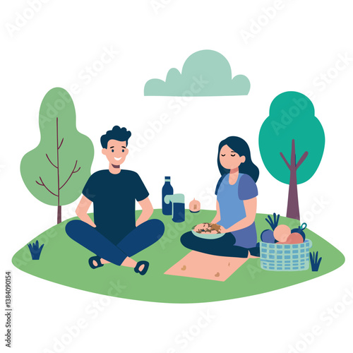A couple enjoying a picnic on a blanket in a park with trees and food and a basket of fruit near them