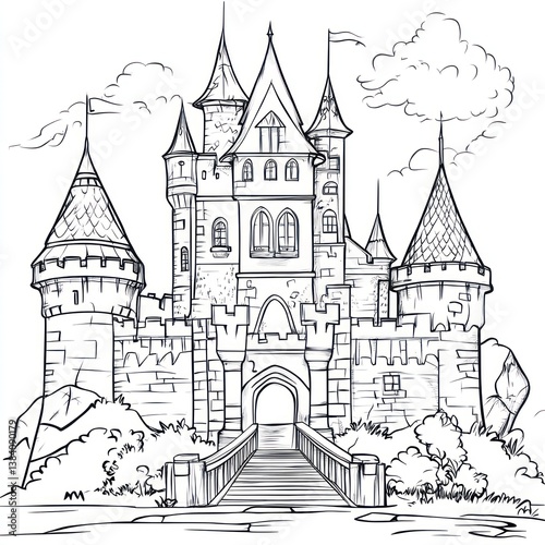 Line art drawing of a majestic fairytale castle with a drawbridge.