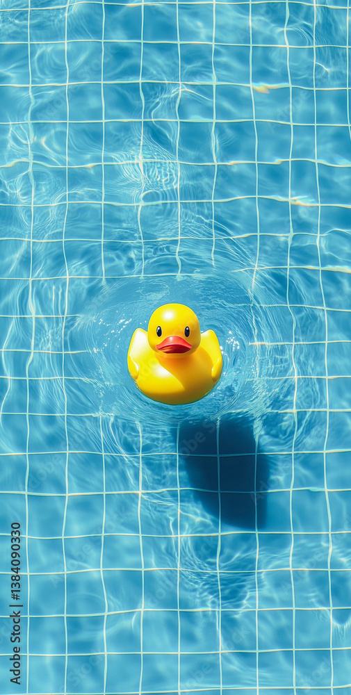 A yellow rubber duck floating in a swimming pool with blue tiles and rippling water.