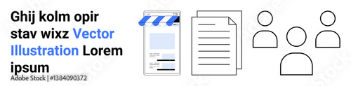 A storefront with an awning, documents, and team members represent online business, document sharing, collaboration, and teamwork. Ideal for e-commerce, teamwork, management systems simplicity