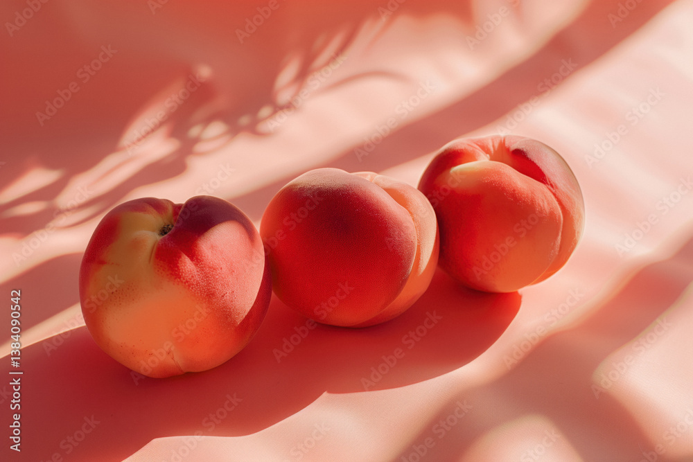 Three peaches lying on a pink surface with shadows from a nearby object.