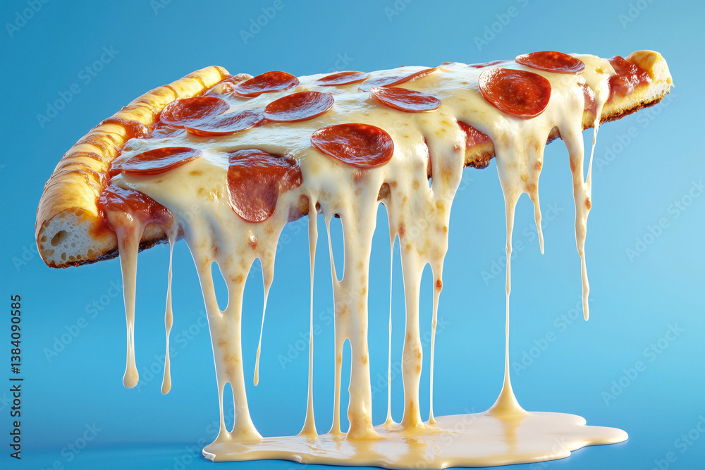 A single slice of pepperoni pizza with a thick crust and melted, dripping cheese against a light blue background.