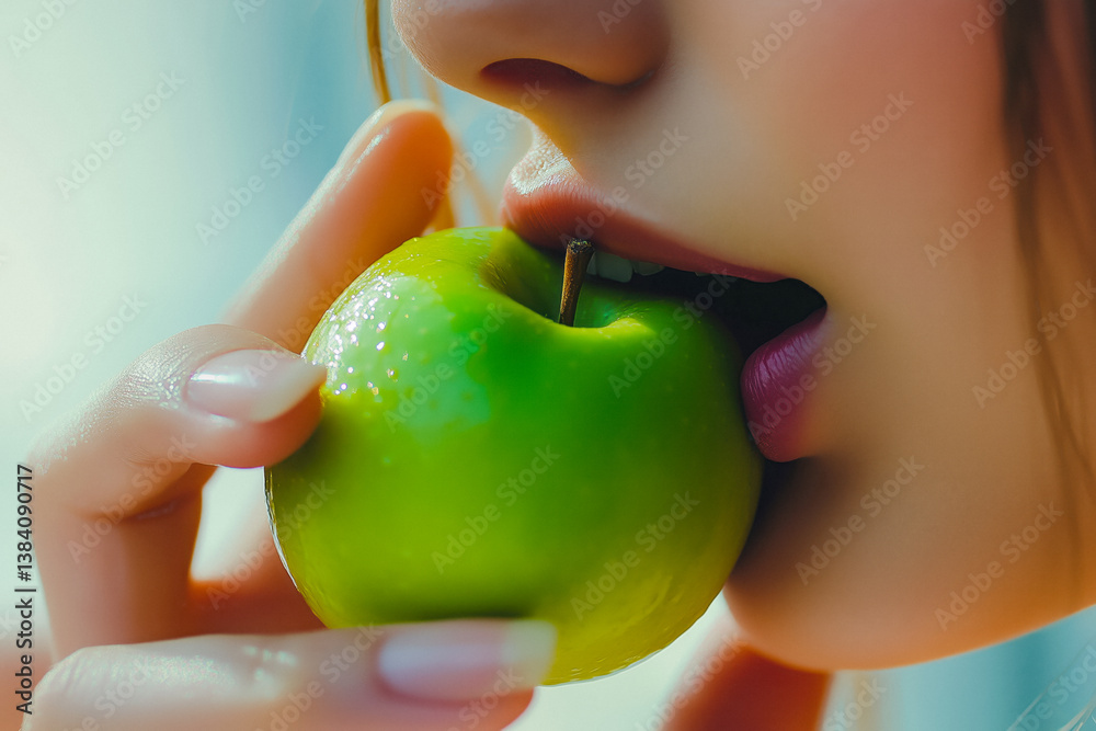 A close-up of a person taking a bite out of a small, shiny green apple.