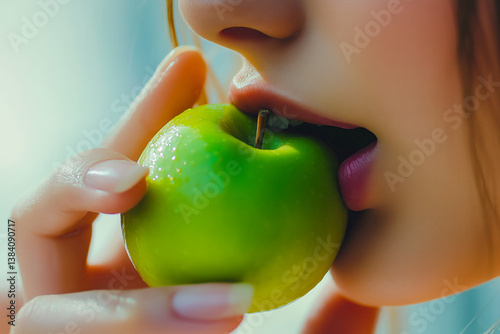 Obraz na płótnie A close-up of a person taking a bite out of a small, shiny green apple. w salonie