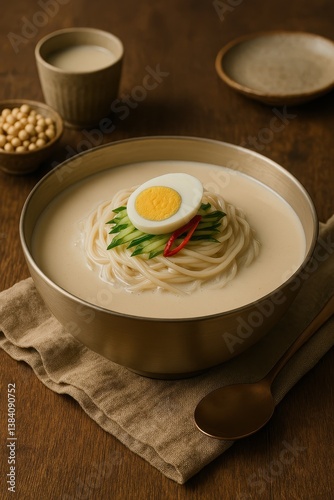 Korean Cold Soybean Noodles Kongguksu (콩국수) Served with Fresh Cucumbers and Boiled Egg

