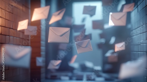 Digital mail envelopes floating in a dark alleyway.