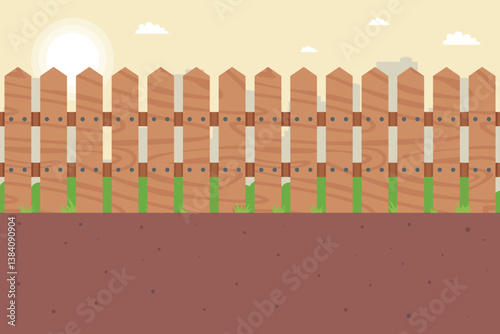 wooden fence in the village. private area fencing. flat vector illustration.