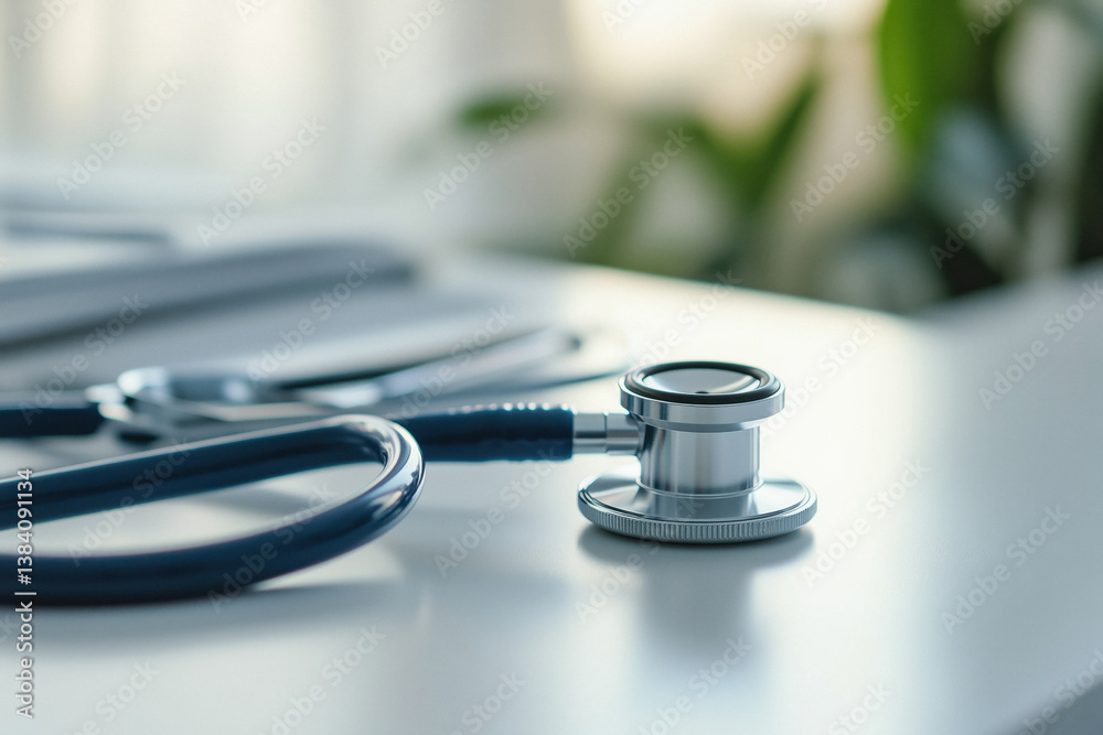 A close-up of a stethoscope lying on a white surface with a blurred background.