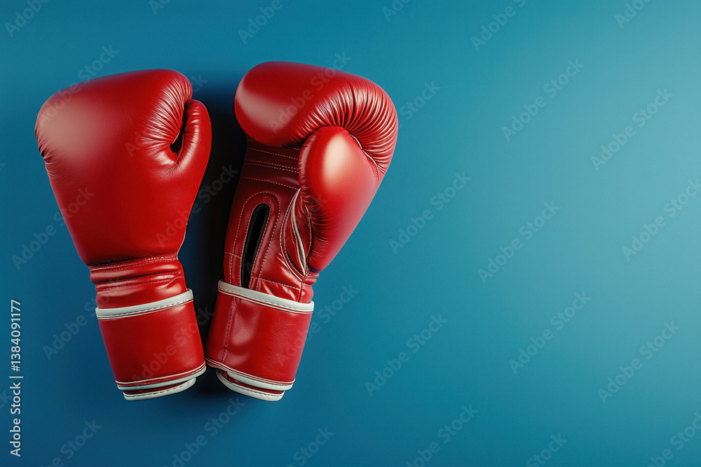 A pair of red boxing gloves lying side-by-side on a blue background with copy space.