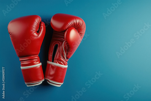 Obraz na płótnie A pair of red boxing gloves lying side-by-side on a blue background with copy space. w salonie