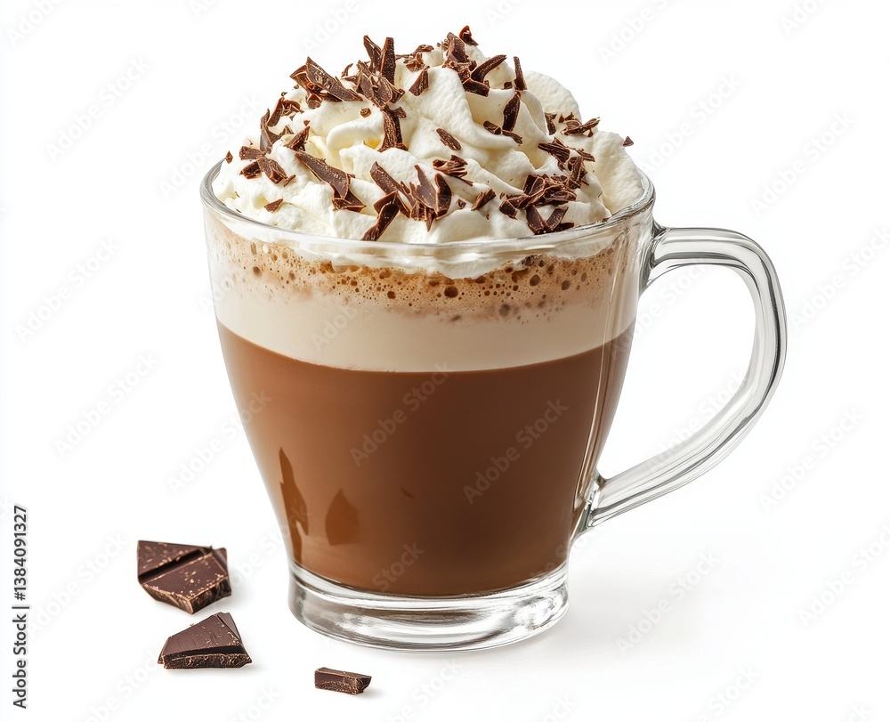 Rich, creamy chocolate drink topped with whipped cream and chocolate shavings Rich, creamy chocolate drink topped with whipped cream and chocolate shavings