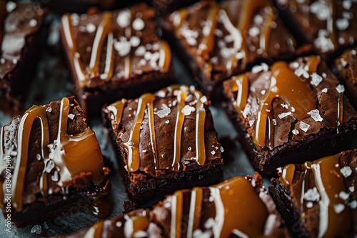 A close-up overhead shot of several salted caramel brownies drizzled with caramel sauce and sprinkled with sea salt flakes.