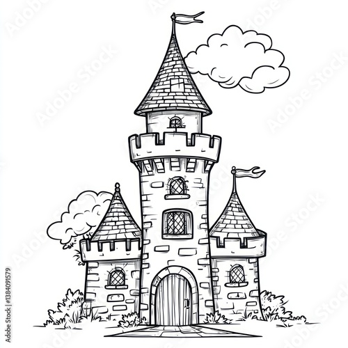 Hand-drawn illustration of a fairytale castle with two towers, crenelations, and a flag.