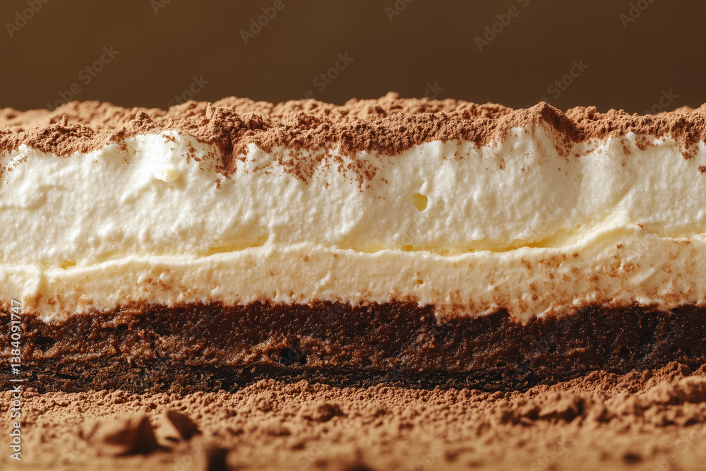 A close-up cross-section of a tiramisu dessert, showing layers of coffee-soaked ladyfingers, creamy mascarpone, and a dusting of cocoa powder.