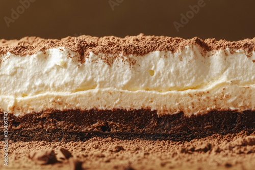 Obraz na płótnie A close-up cross-section of a tiramisu dessert, showing layers of coffee-soaked ladyfingers, creamy mascarpone, and a dusting of cocoa powder. w salonie