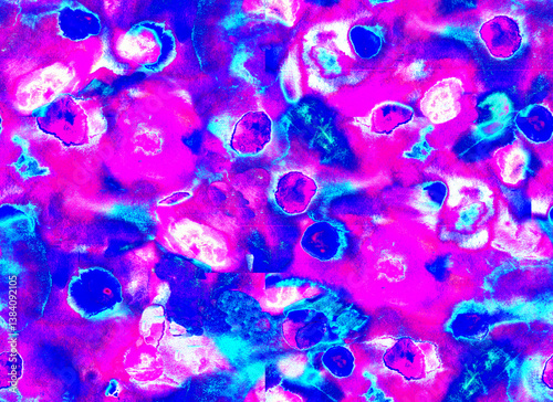 Bright acid colors abstract watercolor seamless pattern with multicolor spots. Forecasting fashion rapport with lilac, purple, scarlet, magenta, pink, red, orange, spots and dots.