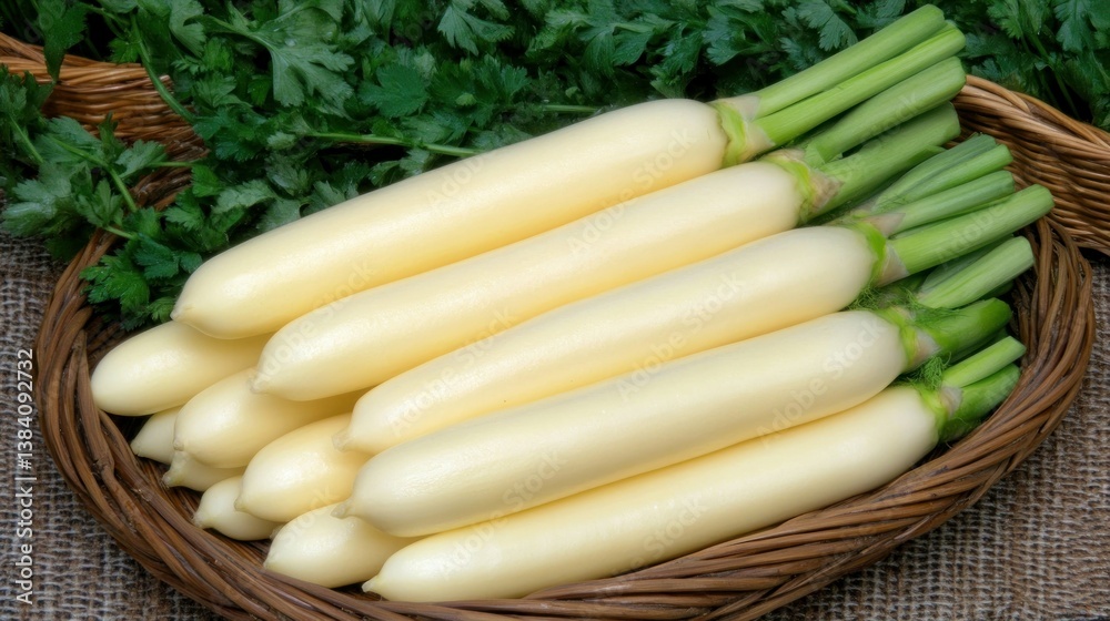 Fresh, pale yellow, elongated root vegetables in a basket Fresh, pale yellow, elongated root vegetables in a basket