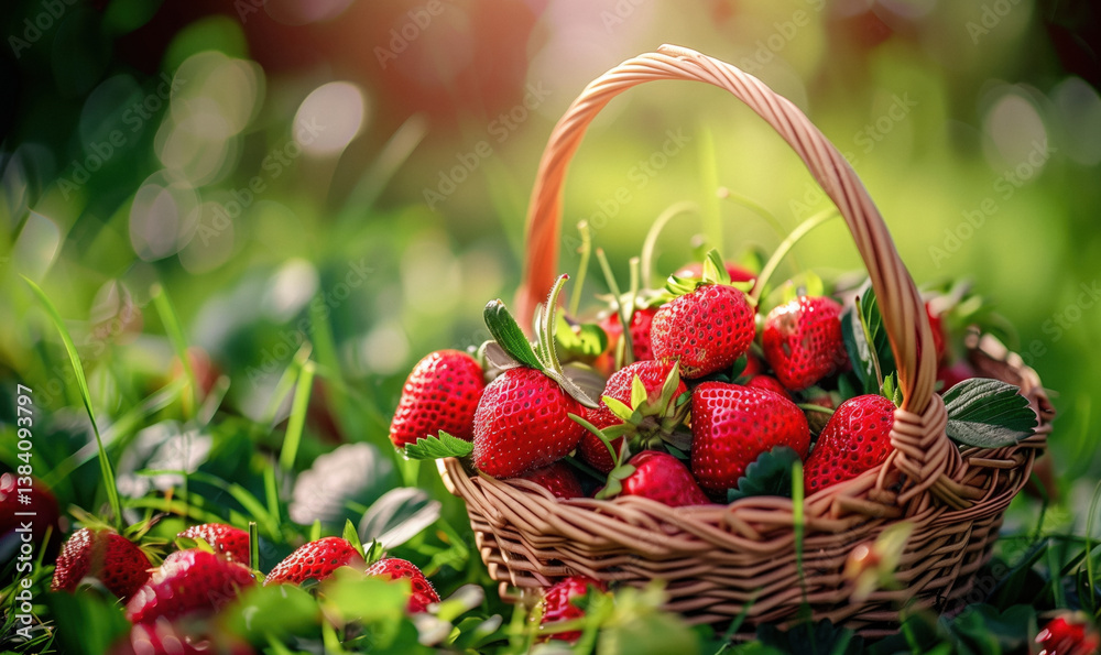 A small woven basket filled with freshly picked ripe red strawberries sitting in green grass with a blurred background.