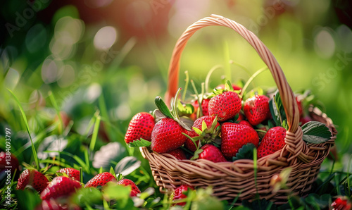 Obraz na płótnie A small woven basket filled with freshly picked ripe red strawberries sitting in green grass with a blurred background. w salonie