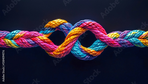 A brightly colored rope tied in a figure-eight knot against a black background, symbolizing infinity.