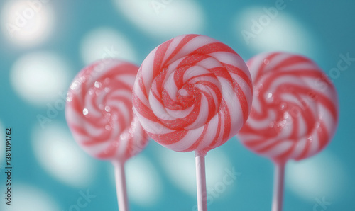 Three round lollipops with a swirling pattern of pink and white stripes, standing upright against a blurred light blue background with white bokeh circles.